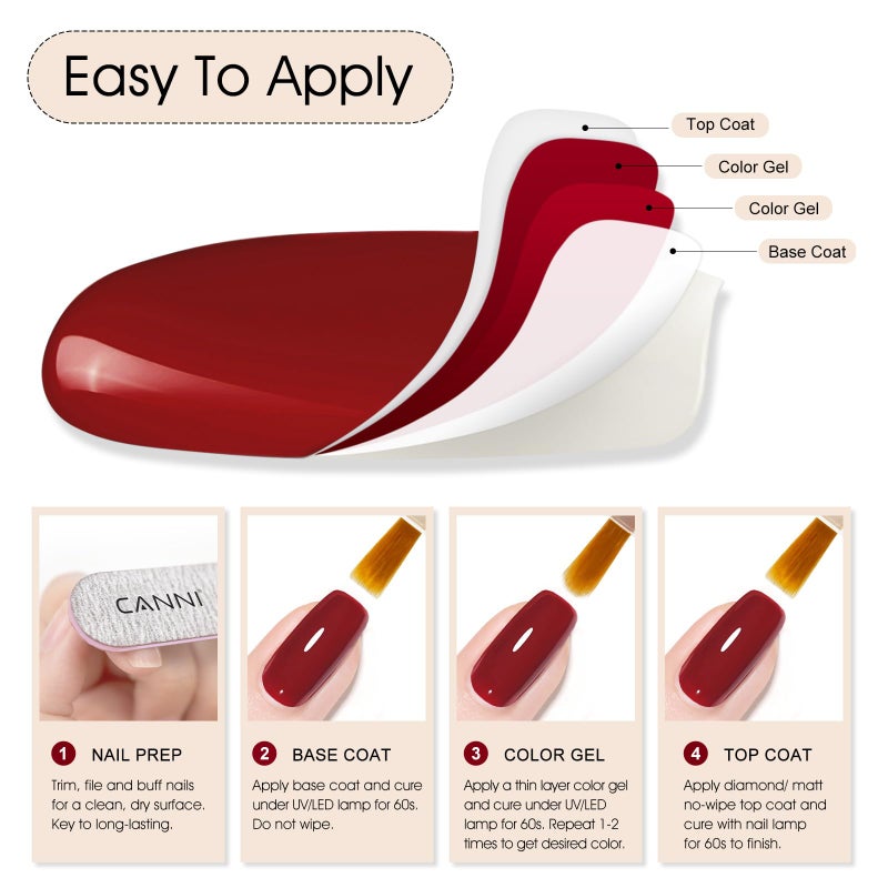 CANNI Red Gel Polish, 1Pcs Deep Dark Red Color Nail Polish Gel High Gloss Soak Off UV French Nail Manicure Salon DIY - Image 5