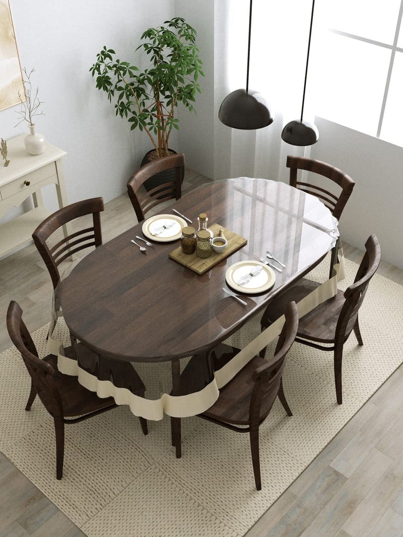 Clasiko 6 Seater Oval Dining Table Cover; 60x90 Inches or 152x228 Cms; Material - PVC; Anti Slip; Cream Lace - Image 1