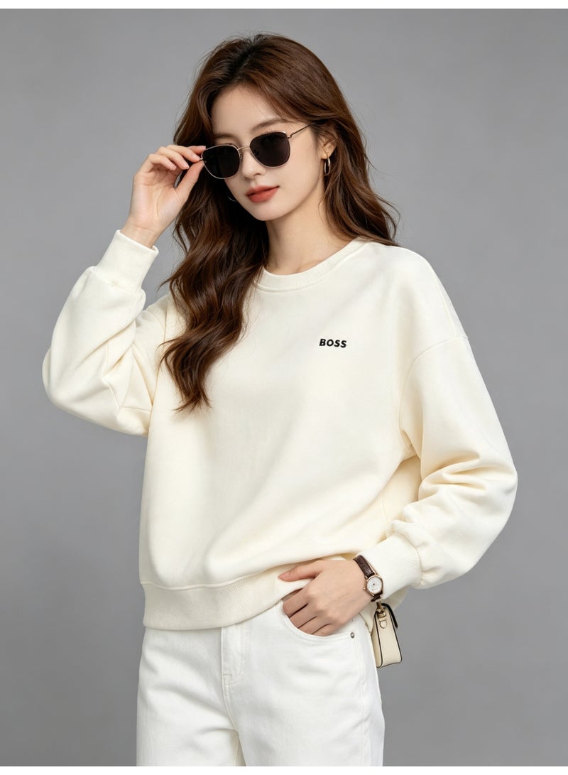 BOSS Men’s and Women’s Crew Neck Sweatshirt Casual Long Sleeve Top Cream - Image 2
