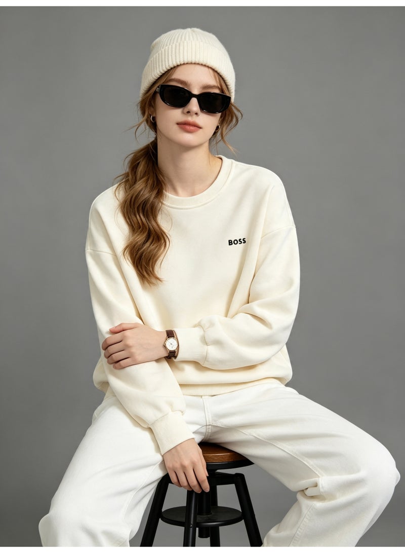 BOSS Men’s and Women’s Crew Neck Sweatshirt Casual Long Sleeve Top Cream - Image 3