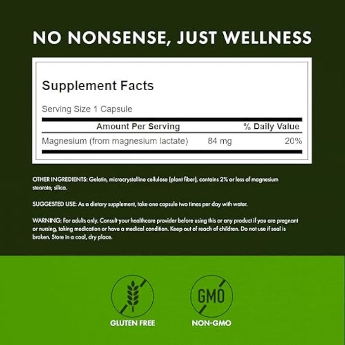 Swanson Magnesium Lactate - Lactose-Free Mineral Supplement for Muscle & Bone Health Support* - Gentle on the Stomach - Non-GMO & Gluten-Free - 120 Capsules - Image 3