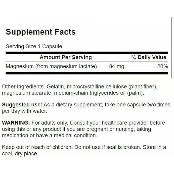 Swanson Magnesium Lactate - Lactose-Free Mineral Supplement for Muscle & Bone Health Support* - Gentle on the Stomach - Non-GMO & Gluten-Free - 120 Capsules - Image 2