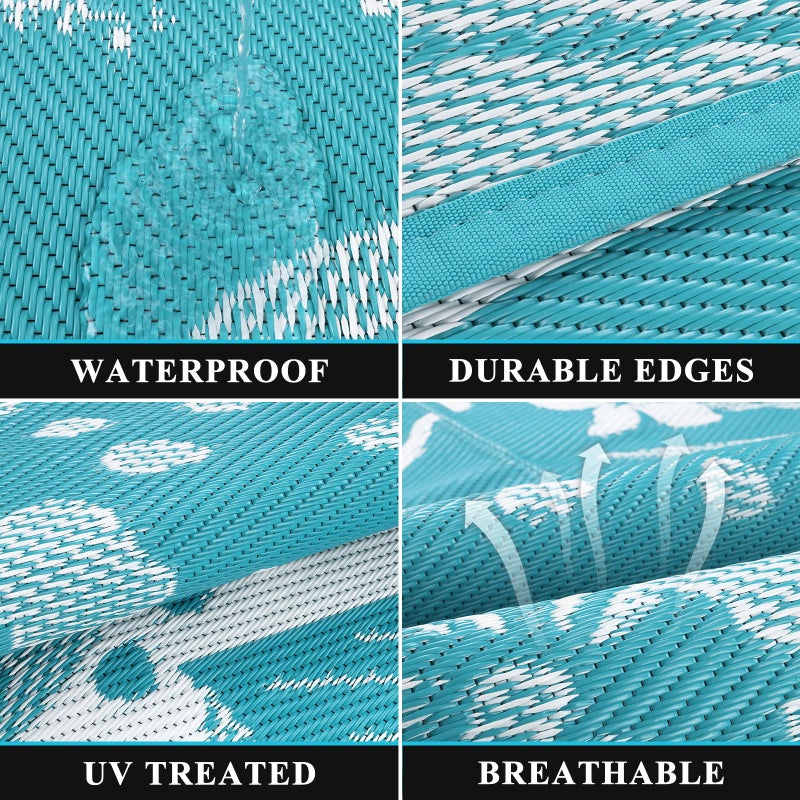 Pauwer Waterproof Outdoor Rug 5x8, Reversible Plastic Straw Patio Camping Rug, Indoor Outdoor RV Mat Carpet for Deck, Camper, Porch, Balcony, Backyard, Picnic, Floral Teal - Image 3