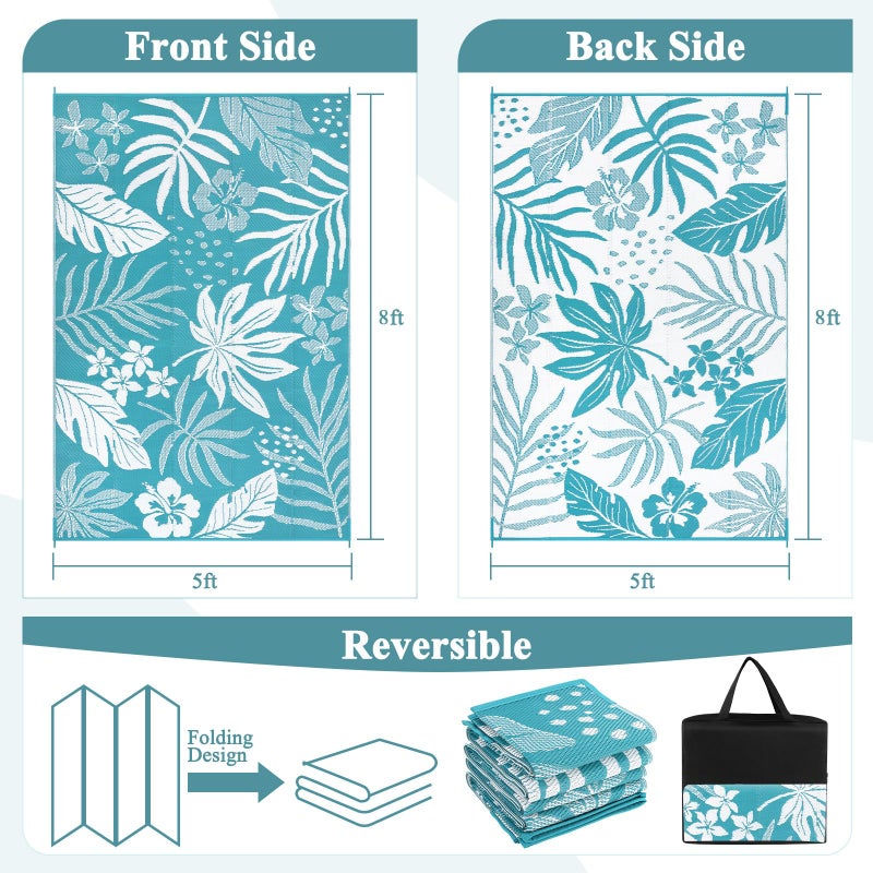 Pauwer Waterproof Outdoor Rug 5x8, Reversible Plastic Straw Patio Camping Rug, Indoor Outdoor RV Mat Carpet for Deck, Camper, Porch, Balcony, Backyard, Picnic, Floral Teal - Image 2