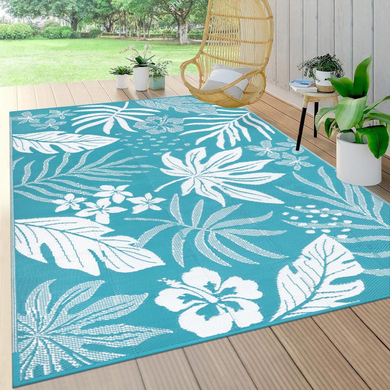 Pauwer Waterproof Outdoor Rug 5x8, Reversible Plastic Straw Patio Camping Rug, Indoor Outdoor RV Mat Carpet for Deck, Camper, Porch, Balcony, Backyard, Picnic, Floral Teal - Image 1