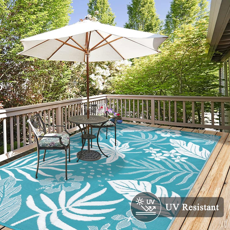Pauwer Waterproof Outdoor Rug 5x8, Reversible Plastic Straw Patio Camping Rug, Indoor Outdoor RV Mat Carpet for Deck, Camper, Porch, Balcony, Backyard, Picnic, Floral Teal - Image 4