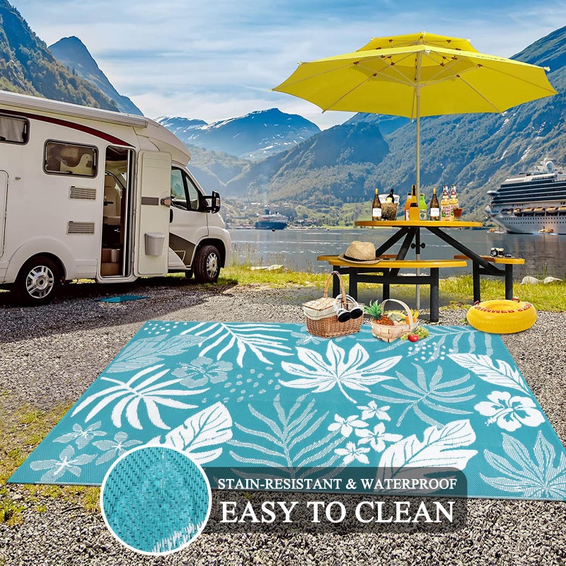 Pauwer Waterproof Outdoor Rug 5x8, Reversible Plastic Straw Patio Camping Rug, Indoor Outdoor RV Mat Carpet for Deck, Camper, Porch, Balcony, Backyard, Picnic, Floral Teal - Image 5