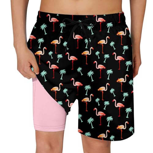 Cozople Teen Boys Swim Trunks with Compression Liner Funny Flamingo Graphic Bathing Suit Swimwear Stretchy No Chafe Swimming Beach Board Shorts for Casual Swimwear with Pockets - Image 1