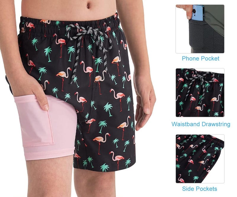 Cozople Teen Boys Swim Trunks with Compression Liner Funny Flamingo Graphic Bathing Suit Swimwear Stretchy No Chafe Swimming Beach Board Shorts for Casual Swimwear with Pockets - Image 3