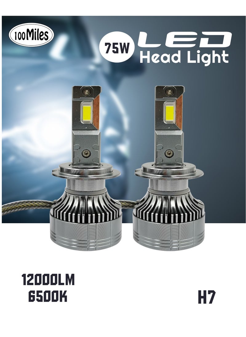 100Miles Superior Brightness H7 LED Car Headlamp 75W, 12000LM, 6500K with Enhanced Cooling System Long-Lasting - 100Miles Car Led Headlight  - Image 1
