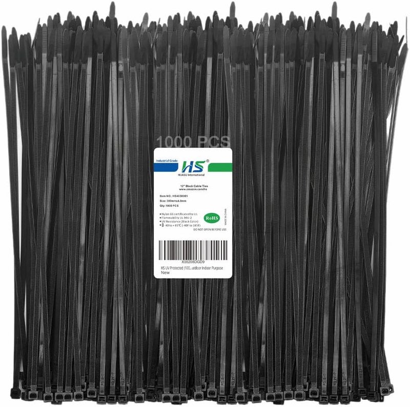 HS 12 Inch Black Zip Ties 1000 Bulk Pack,Nylon Cable Ties 50 LB Strong Wire Tie Wraps Black UV Outdoor Purpose - Image 1