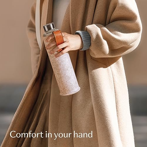 Cosumy Glass Water Bottle 25oz with Felt Sleeve - Borosilicate Glass - Leakproof Lid - BPA Free - Ideal for Work, Travel & Gym (Beige) - Image 2