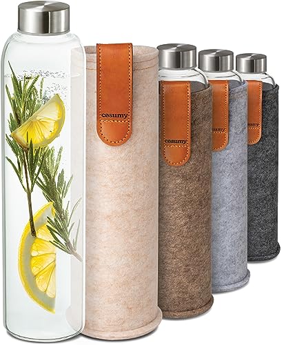 Cosumy Glass Water Bottle 25oz with Felt Sleeve - Borosilicate Glass - Leakproof Lid - BPA Free - Ideal for Work, Travel & Gym (Beige) - Image 1