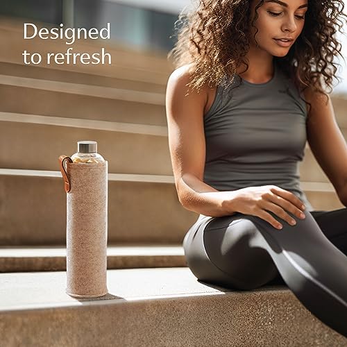 Cosumy Glass Water Bottle 25oz with Felt Sleeve - Borosilicate Glass - Leakproof Lid - BPA Free - Ideal for Work, Travel & Gym (Beige) - Image 4