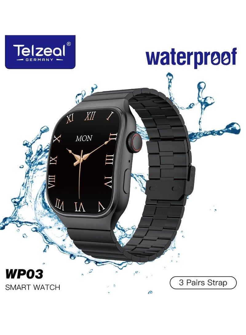 Telzeal Telzeal WP03 Curved Screen Waterproof Smartwatch With 3 Pair Straps and Charginf Cable Designed for Ladies and Gents Black - Image 1