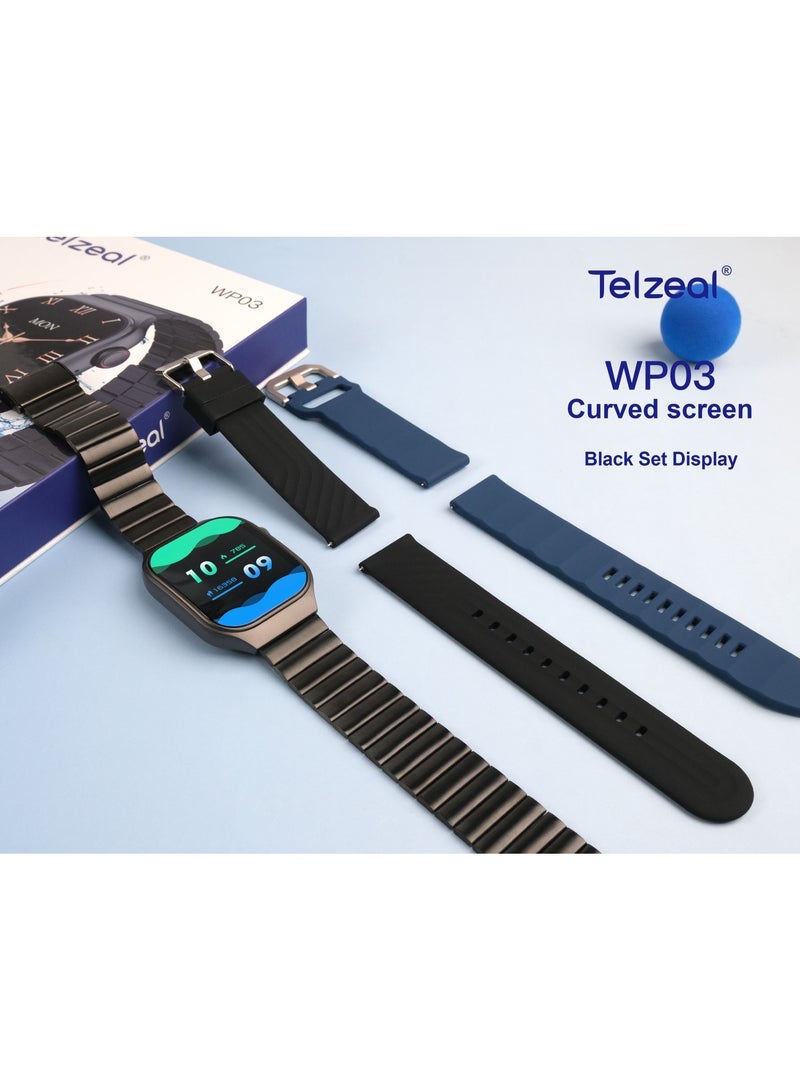 Telzeal Telzeal WP03 Curved Screen Waterproof Smartwatch With 3 Pair Straps and Charginf Cable Designed for Ladies and Gents Black - Image 3