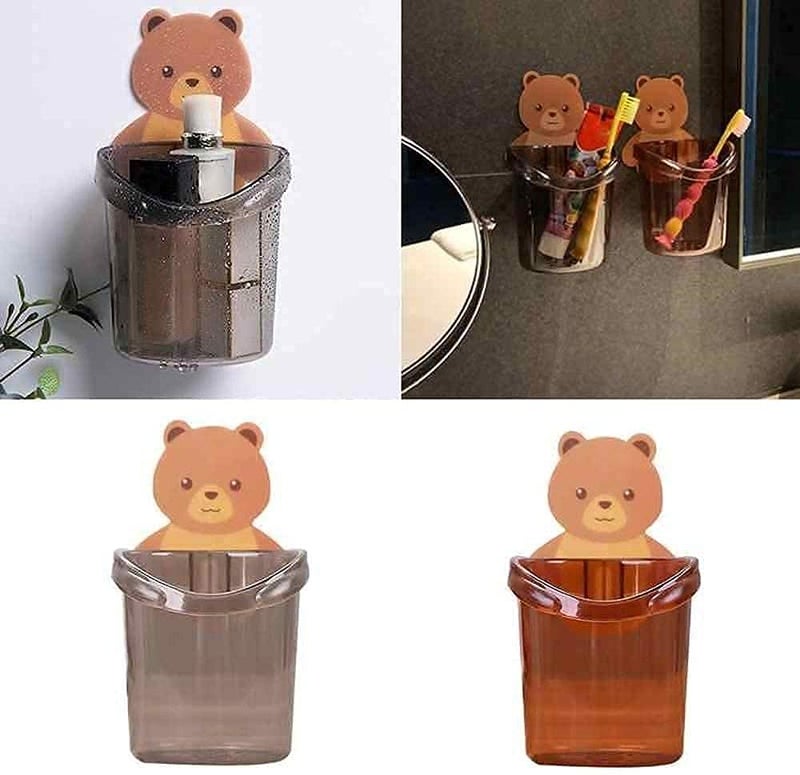 dhruheer dhruheer Self Adhesive Plastic Wall Mounted Multipurpose Teddy Bear Toothbrush Holder Cup | Easy Installation for Keeping Toothpaste Cream, Lotion & Shampoo | Strong Adhesive Sticker (1) - Image 2
