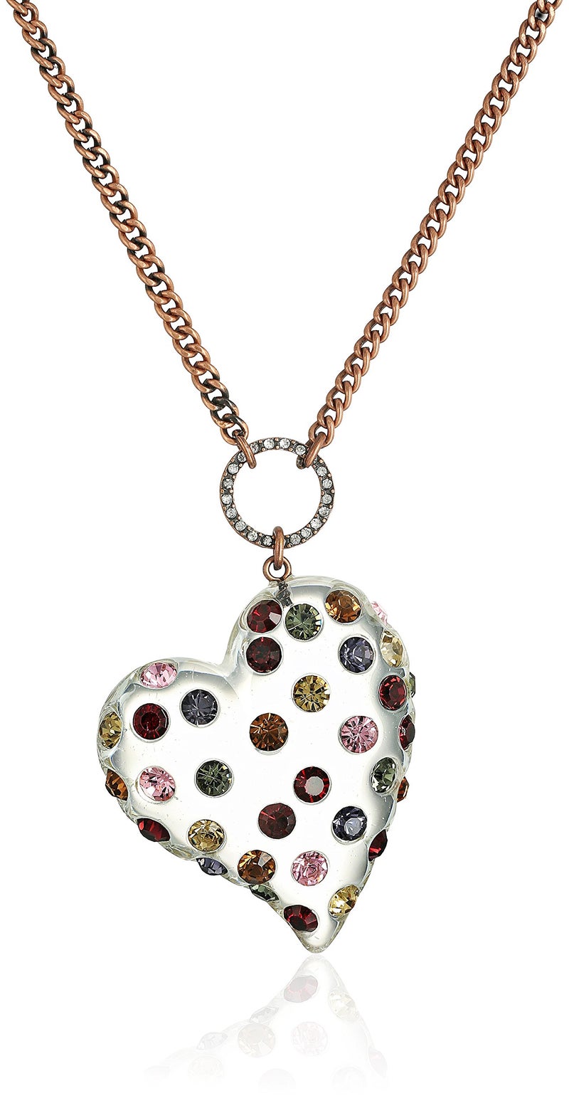 Betsey Johnson Mixed Multi-Colored Stone Lucite Heart Long Pendant Necklace - Image 1