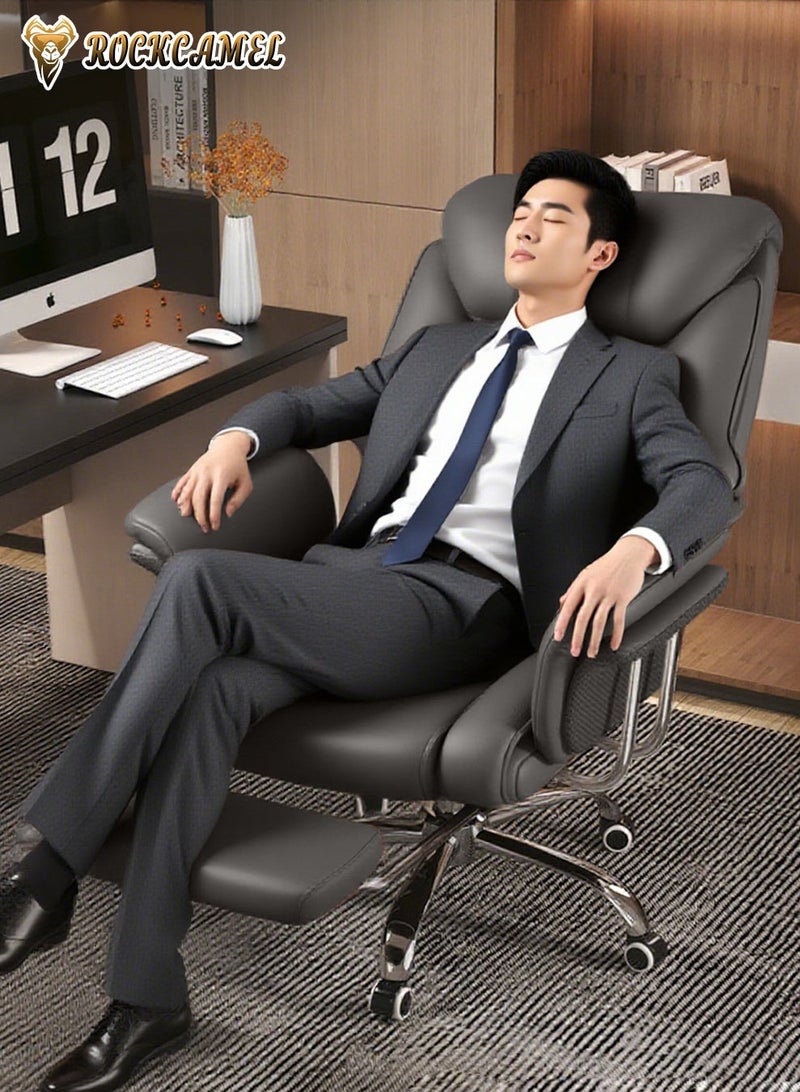 ROCKCAMEL Big Office Chair Computer Chair with Retractable Footrest, Boss Chair with High Back Soft Leather 360° Swivel, High-Elastic Sponge Gaming Chair With Lumbar Support Suitable for Home or Office, Grey - Image 2