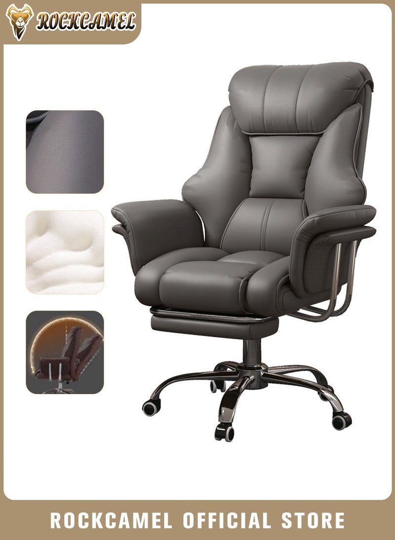 ROCKCAMEL Big Office Chair Computer Chair with Retractable Footrest, Boss Chair with High Back Soft Leather 360° Swivel, High-Elastic Sponge Gaming Chair With Lumbar Support Suitable for Home or Office, Grey - Image 1