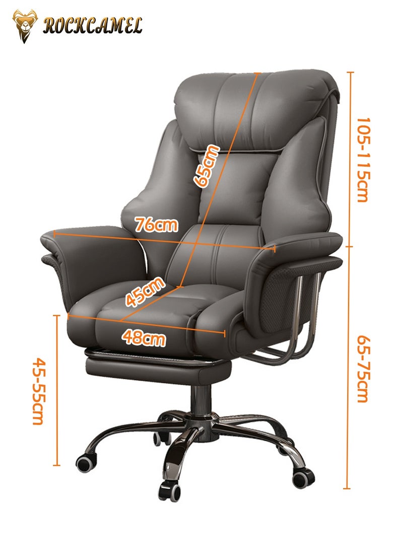 ROCKCAMEL Big Office Chair Computer Chair with Retractable Footrest, Boss Chair with High Back Soft Leather 360° Swivel, High-Elastic Sponge Gaming Chair With Lumbar Support Suitable for Home or Office, Grey - Image 4