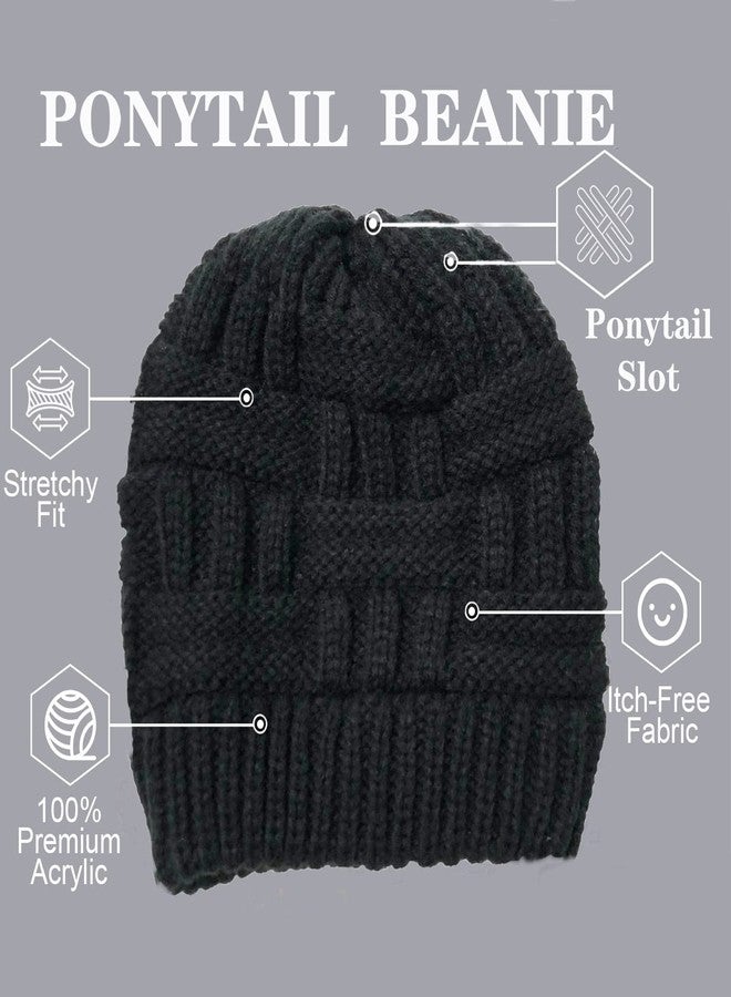 Bocianelli Womens High Messy Bun Beanie Hat with Ponytail Hole, Winter Warm Trendy Knit Ski Skull Cap Classic-Black - Image 2