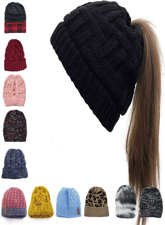 Bocianelli Womens High Messy Bun Beanie Hat with Ponytail Hole, Winter Warm Trendy Knit Ski Skull Cap Classic-Black - Image 1