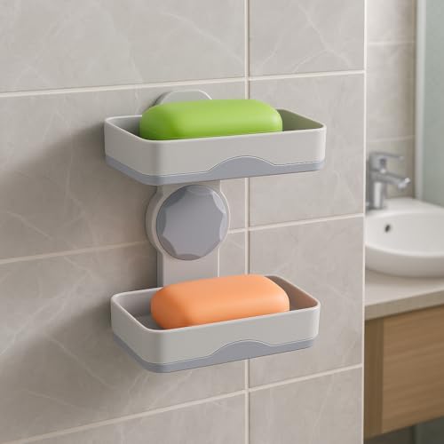 Boniry Plastic Wall Mounted Double Layers Soap Dish Saver with Drain Tray, Adhesive Sponge Holder No-Drilling Soap Holder for Shower Bathroom Kitchen - Image 1