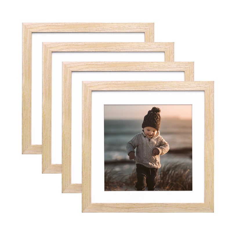 KINLINK 9x9 Picture Frames Natural Wood Frames with Acrylic Plexiglass for Pictures 7x7 With Mat  Tabletop and Wall Mounting Display Square Frame  Set of 4 - Image 1