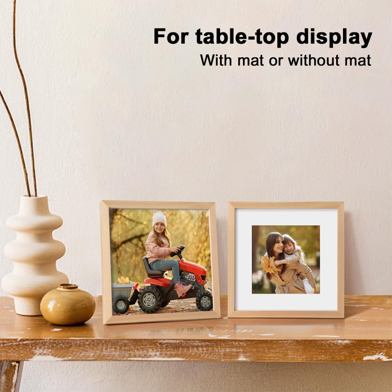 KINLINK 9x9 Picture Frames Natural Wood Frames with Acrylic Plexiglass for Pictures 7x7 With Mat  Tabletop and Wall Mounting Display Square Frame  Set of 4 - Image 5