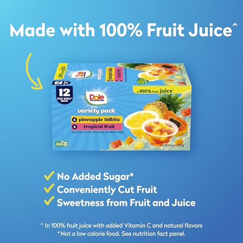 Dole Pineapple Tidbits and Tropical Fruit in 100% Juice Variety Pack - Dole Fruit Bowls Snacks - 4 oz Bowls - 12 Pack - Image 4