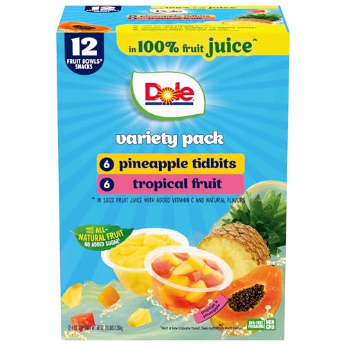 Dole Pineapple Tidbits and Tropical Fruit in 100% Juice Variety Pack - Dole Fruit Bowls Snacks - 4 oz Bowls - 12 Pack - Image 1
