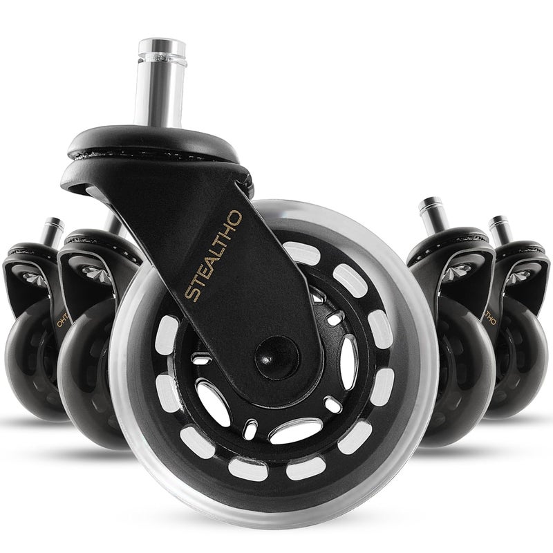 STEALTHO Original Office Chair Wheels Set of 5 - Protect Hardwood Floor & Carpet - Heavy Duty Replacement Casters - Crystal Soft Polyurethane - Standard Fit 7/16" x 7/8" - Image 1