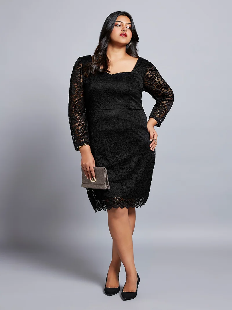 globus Gloplus Women Sweetheart Neck Floral Lace Scalloped Hem Plus Size Sheath Party Dress
