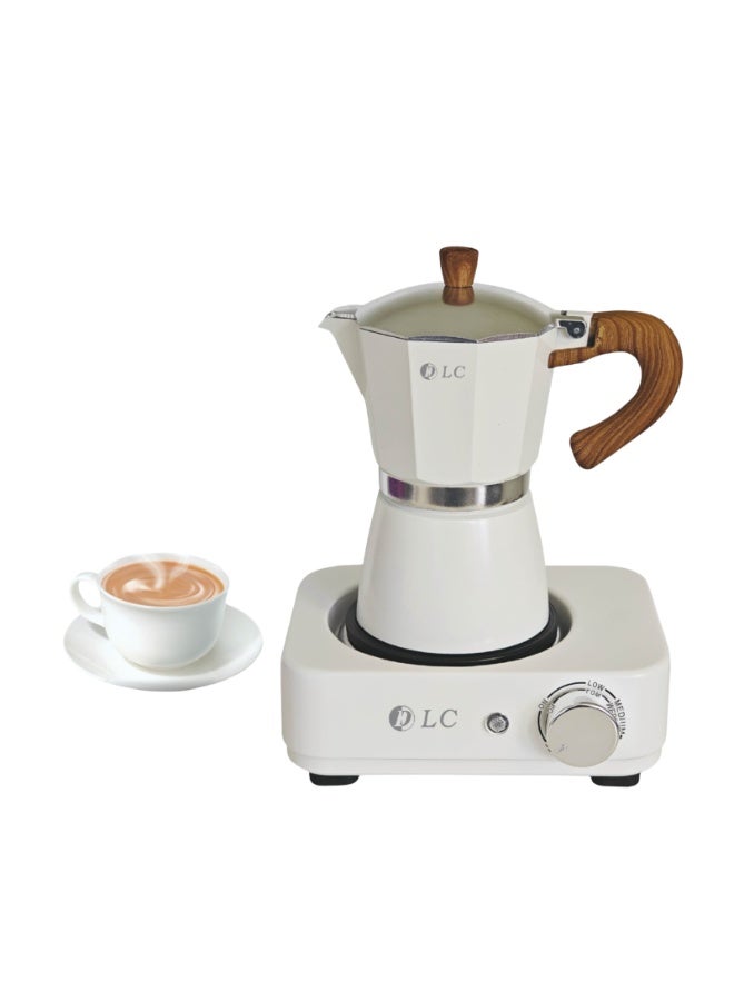 DLC Electric Moka Coffee Maker, 300ml / 6 Cups, 500W Fast Heat, Adjustable Temperature Control, White & Wood Design – Model DLC-7336 300 ml 500 W DLC-7336 White - Image 1