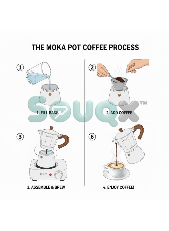 DLC Electric Moka Coffee Maker, 300ml / 6 Cups, 500W Fast Heat, Adjustable Temperature Control, White & Wood Design – Model DLC-7336 300 ml 500 W DLC-7336 White - Image 2