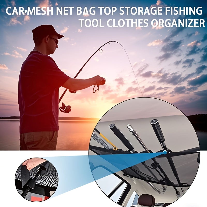 1pc Car Ceiling Storage Net with Fishing Rod Holder Durable Polyester Mesh Organizer for SUV Roof Rack Securely Holds Multiple Rods Gear Long Travel and Fishing Accessories - Image 4