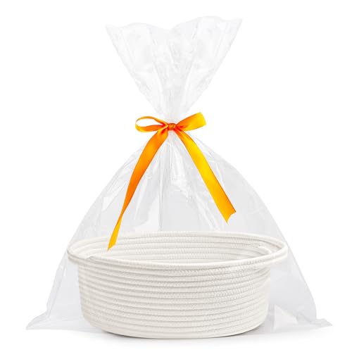 Pro Goleem Small Woven Basket with Gift Bags and Ribbons Durable Baskets for Gifts Empty Small Rope Basket for Storage 12X 8 X 5 Baby Toy Baskets with Handles White