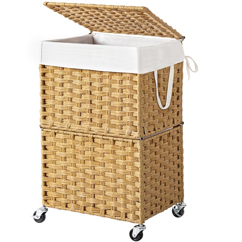 Chrislley 90L Slim Laundry Hamper with Wheels Wicker Rolling Laundry Basket with Lid and Renovable Liner Bag Handwoven Rattan Organizer for bedroom bathroom laundry room Yellow