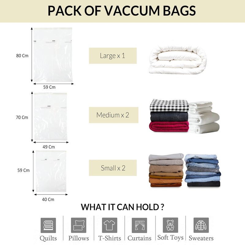 MUSVUZA Space Saver Vacuum Bags Vacuum Bags for Clothes Vacuum Bags for Clothes with Pump Packing Bags for Clothes Vacuum Storage Bags Cloth Bags 2 Small 2 Medium 1 Large Pack of 5 - Image 3