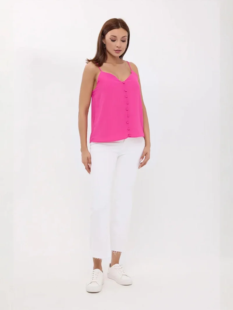 زوبعة بلوزة بدون أكمام بياقة على شكل حرف  وأزرار