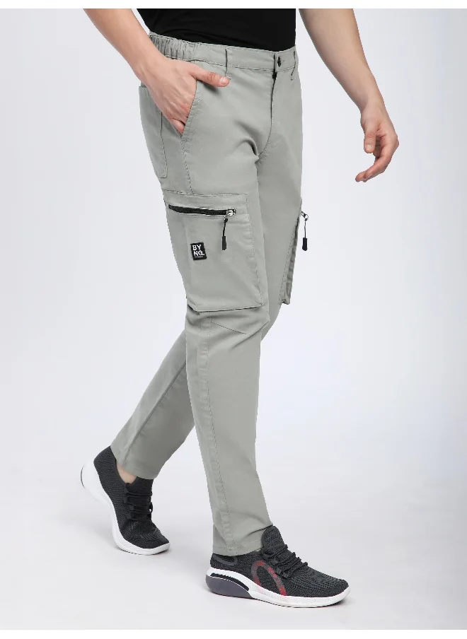 Beyoung Light Grey Slant Zipper Pocket Cargo Pants for men's