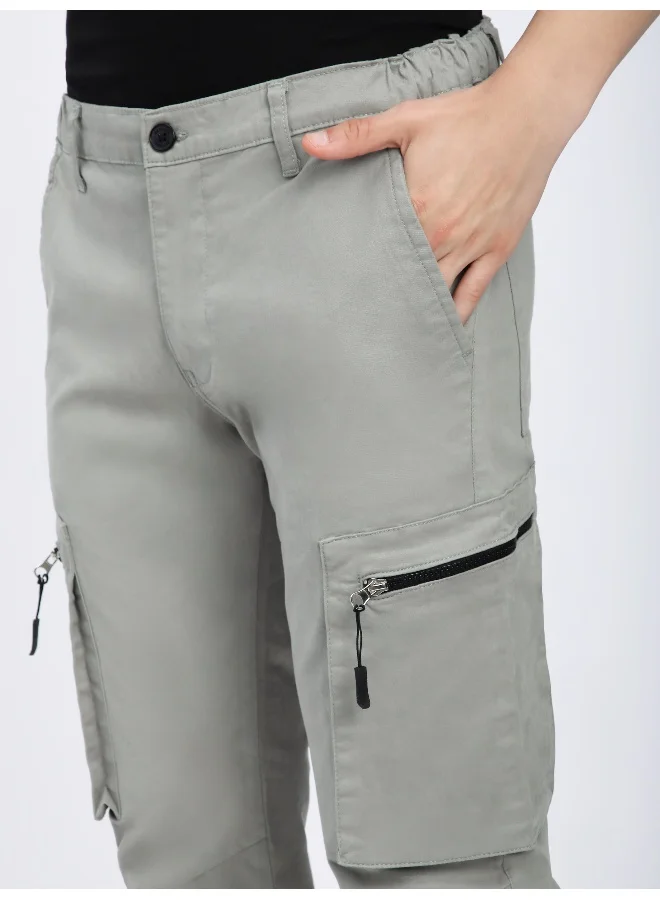 Beyoung Light Grey Slant Zipper Pocket Cargo Pants for men's