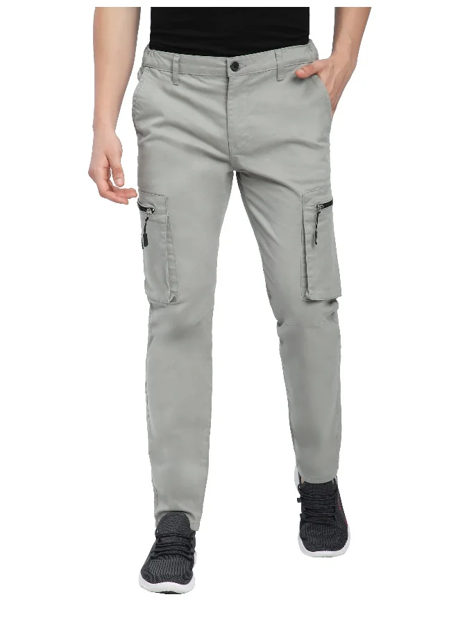 Beyoung Light Grey Slant Zipper Pocket Cargo Pants for men's