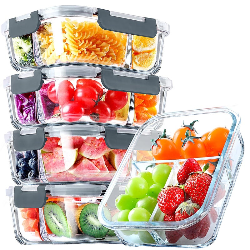 VERONES 5 Pack Glass Meal Prep Containers 3 Compartment Set, 36OZ Airtight Glass Lunch Containers, Glass Food Storage Containers with Lids, for Microwave, Oven, Freezer & Dishwasher Friendly,Grey - Image 1