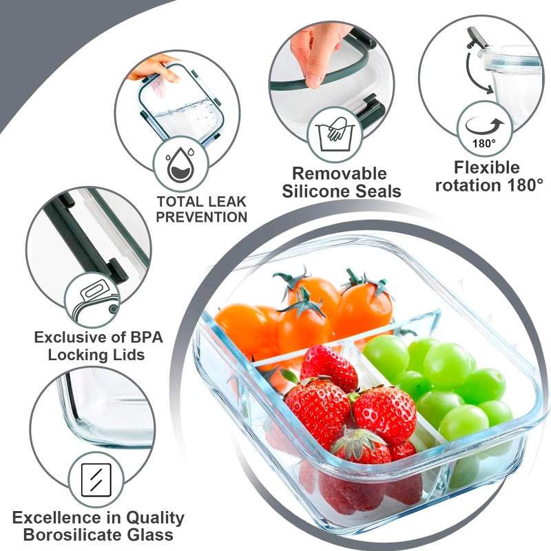 VERONES 5 Pack Glass Meal Prep Containers 3 Compartment Set, 36OZ Airtight Glass Lunch Containers, Glass Food Storage Containers with Lids, for Microwave, Oven, Freezer & Dishwasher Friendly,Grey - Image 5