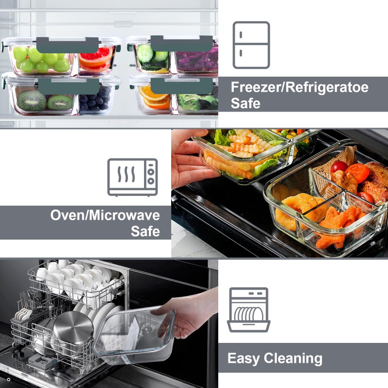 VERONES 5 Pack Glass Meal Prep Containers 3 Compartment Set, 36OZ Airtight Glass Lunch Containers, Glass Food Storage Containers with Lids, for Microwave, Oven, Freezer & Dishwasher Friendly,Grey - Image 3