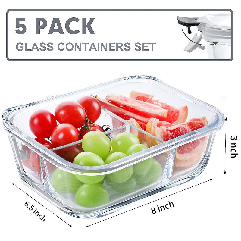 VERONES 5 Pack Glass Meal Prep Containers 3 Compartment Set, 36OZ Airtight Glass Lunch Containers, Glass Food Storage Containers with Lids, for Microwave, Oven, Freezer & Dishwasher Friendly,Grey - Image 2