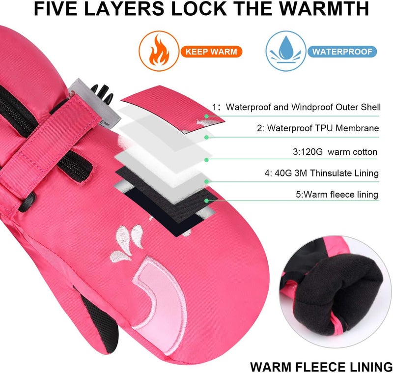 7-Mi Kids Mitten Winter, Snow Gloves for Skiing & Snowboarding Lined Warm Long Cuff with String for 4-6 Years Boys & Girls - Image 4