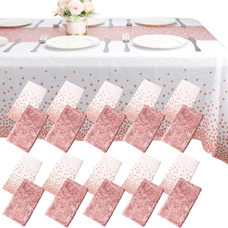 klarako 10 Packs Sequin Table Runner and 10 Packs Tablecloth, 12 x108 Inch Rose Gold Table Runner 54 x108 Inch Rectangle Disposable Plastic Table Cloths Table Cover for Party Birthday Wedding Table Decoration - Image 1